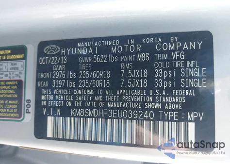 2014 Hyundai Santa Fe Gls z USA, uszkodzony, nr VIN KM8SMDHF3EU039240